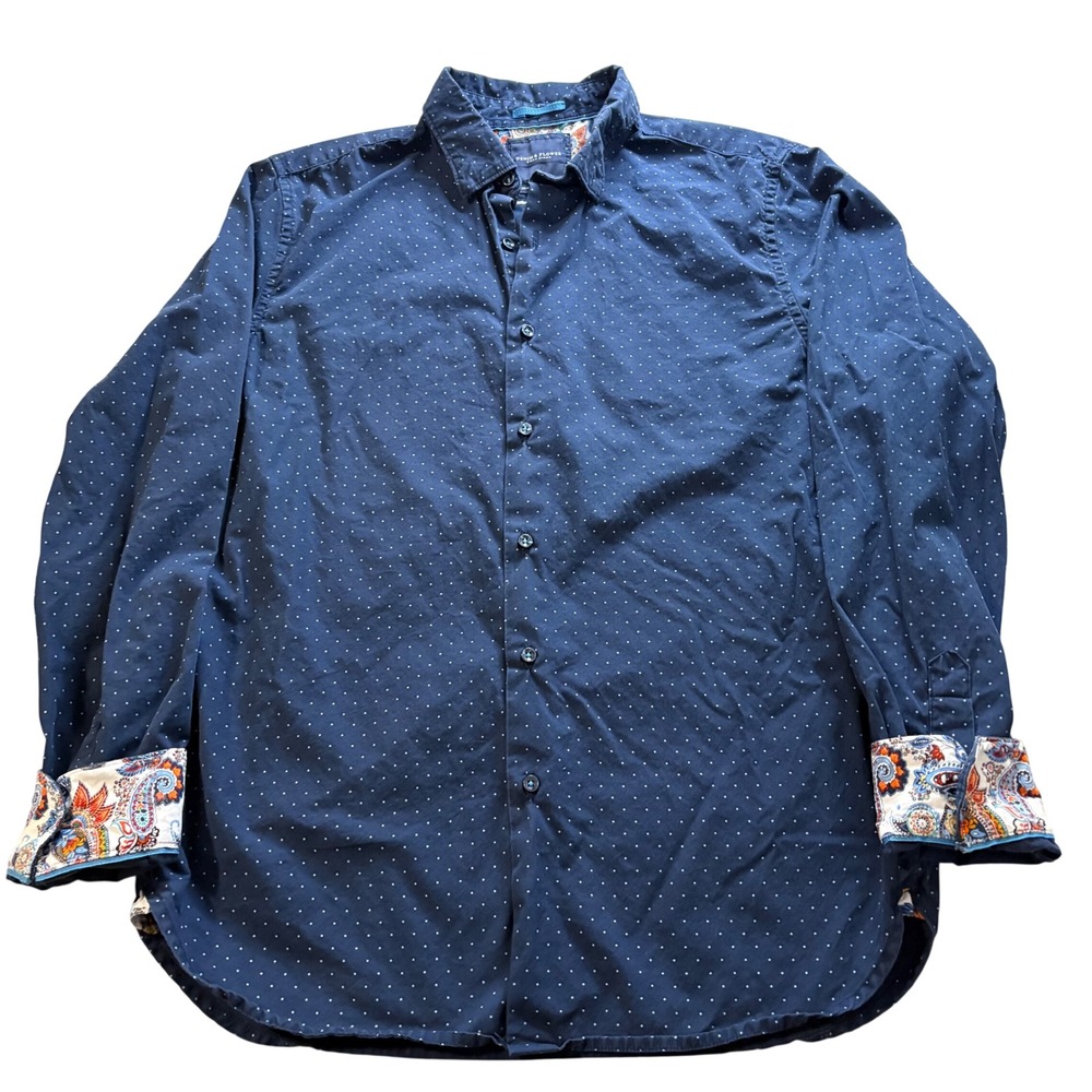 Denim & Flower Ricky Singh Mens Navy Polka Dot Paisley Cuff Button Down Shirt M